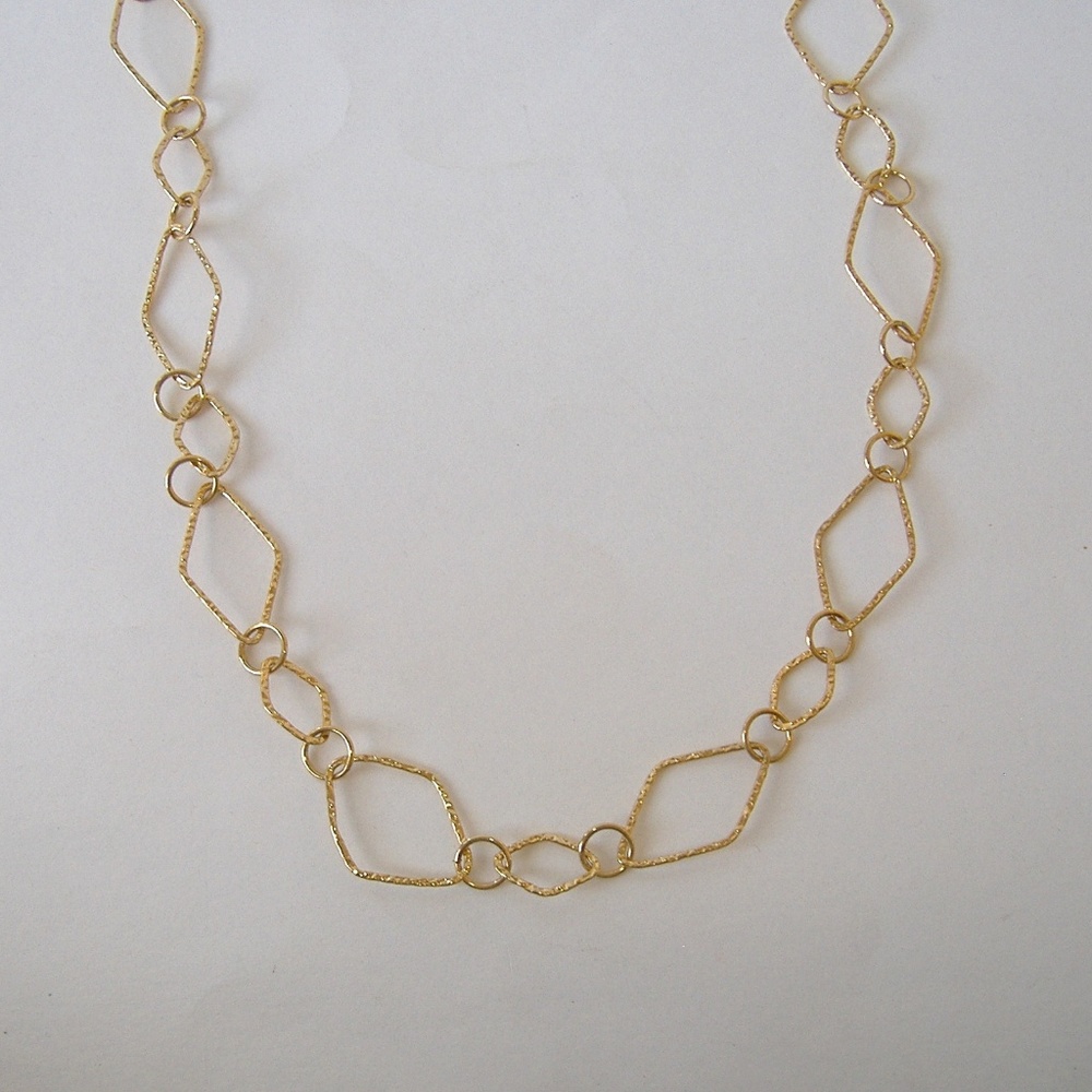 Gold Diamond Shape Chain Textured Link Necklace Adjustable Length 35" Long New